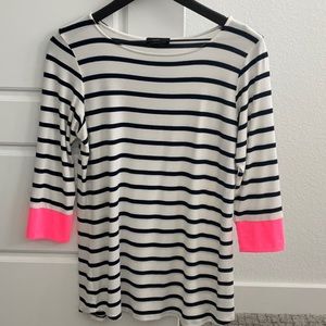 Colette- Color Cuff Top- White w Blue Stripes- 96% Polyester 4% Spandex- Size M